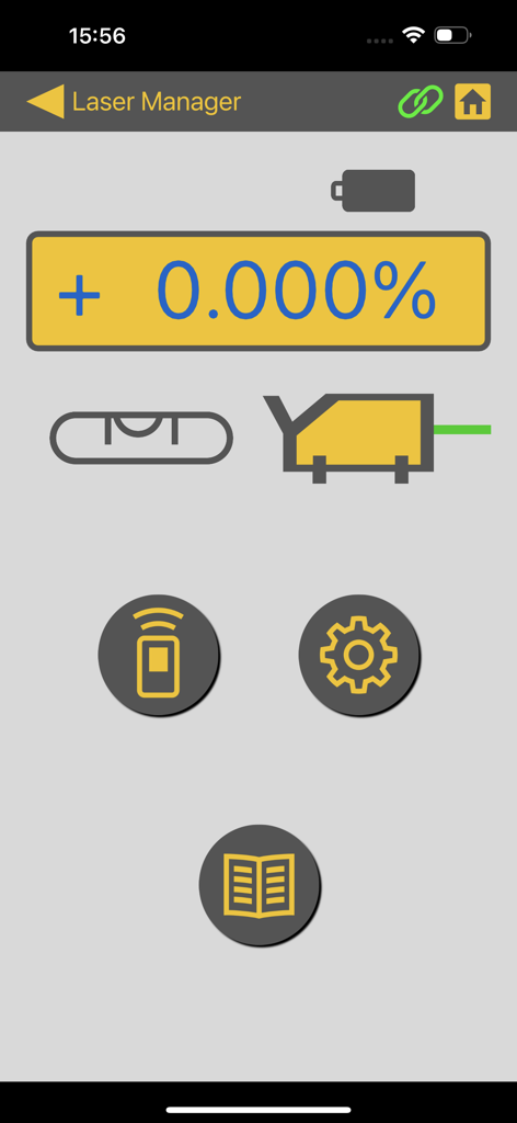 Interface do aplicativo Topcon Laser Manager exibindo medição de nivelamento e ícones de navegação
