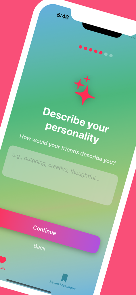 Amuna - Interface of the Amuna app asking the user to describe their personality during the initial setup
