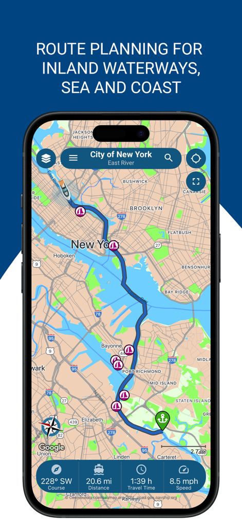 iPhone showing NavShip app with a planned boat route through the East River and New York Harbor