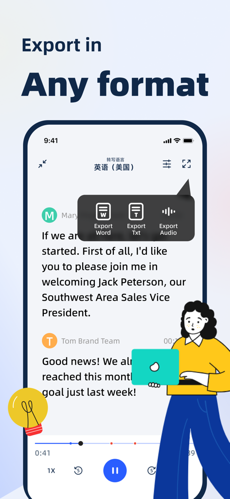 LectMate: 有道留学听课宝 - A screenshot of the LectMate app showing a meeting transcript with options to export in Word, text, and audio formats.