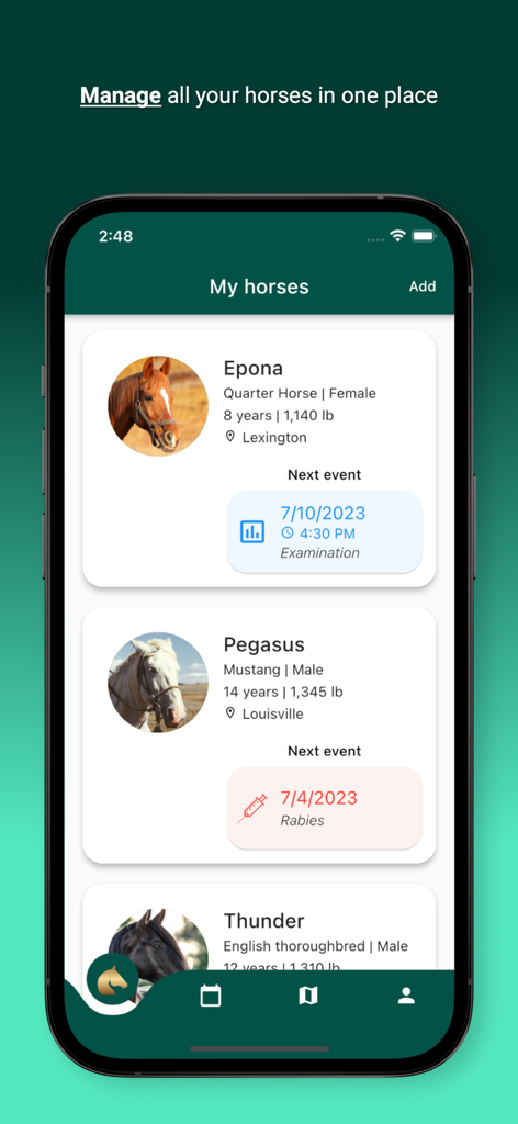 Horsefy - A mobile screen from the Horsefy app showing a list of horses with their profiles and upcoming health events like examinations and vaccinations.