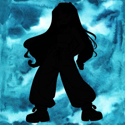 girl in baggy pants crop top and long hair