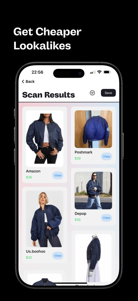 Fit Finder - Clothing Scanner - Fit Finder App-Bildschirm zeigt Ergebnisse eines Kleidungsscans mit günstigeren Alternativen für eine blaue Jacke von mehreren Online-Händlern.