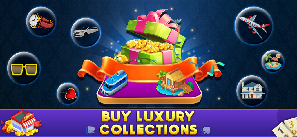 Okey - Offline Board Game - Pantalla de la tienda del juego que muestra colecciones de artículos de lujo y recompensas para el juego de mesa Okey.