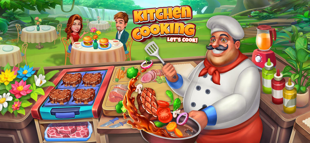 A happy chef cooking steaks and serving burgers at an outdoor cafe