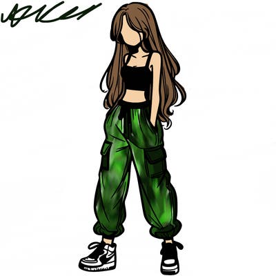 girl in baggy pants crop top and long hair