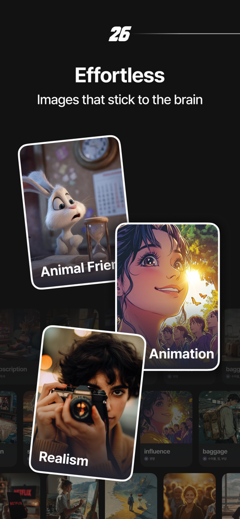 26s - 26s app screen displaying flashcards with different image styles like animation and realism for effortless memorization