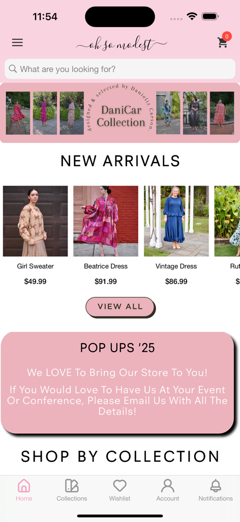 Oh So Modest - Home screen of the Oh So Modest shopping app showing new arrivals and the DaniCar collection of modest clothing.