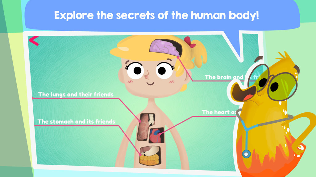 Doctor Justabout and the Human body - ジャスタバウト博士と一緒に、子供のキャラクターの脳や肺などの内臓を表示しているアプリの教育画面