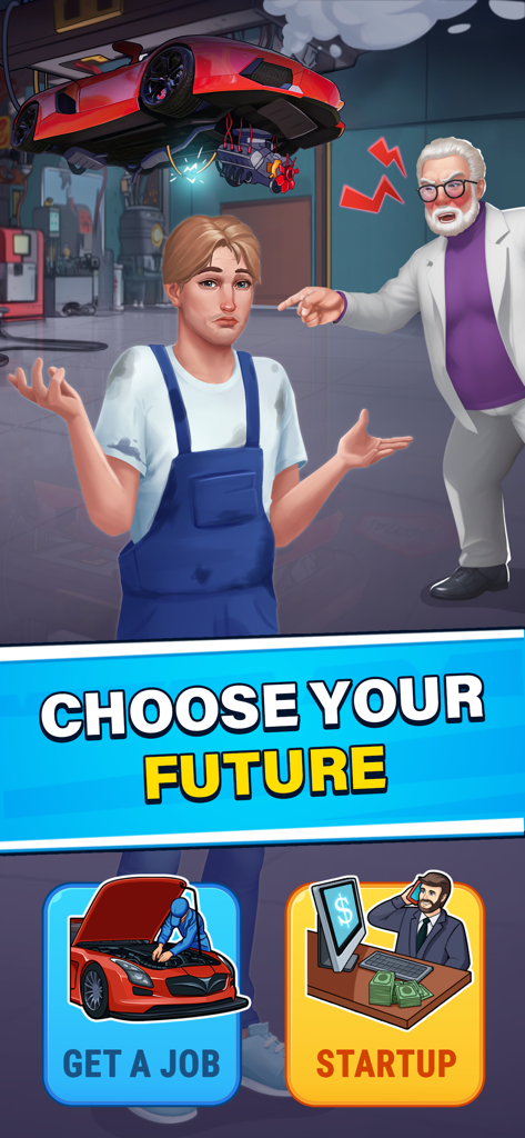 A game screen from Cash Masters Billionaire Life showing choices between getting a job or starting a startup