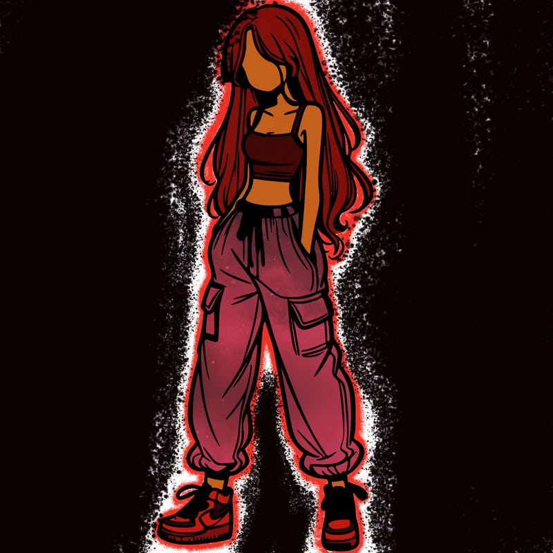 girl in baggy pants crop top and long hair