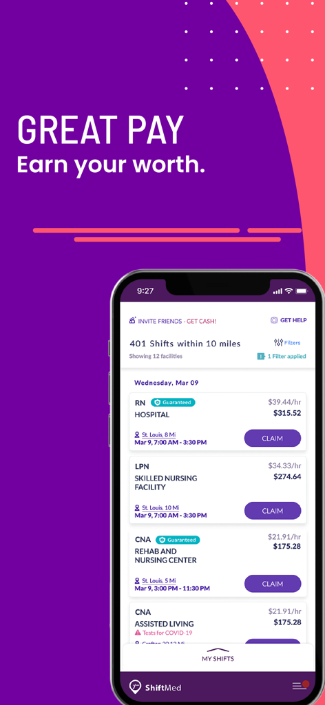 ShiftMed - Nursing Jobs App - RN, LPN, CNA 직책에 대한 지역 간호 일자리 및 시간당 급여를 표시하는 ShiftMed 앱 인터페이스.
