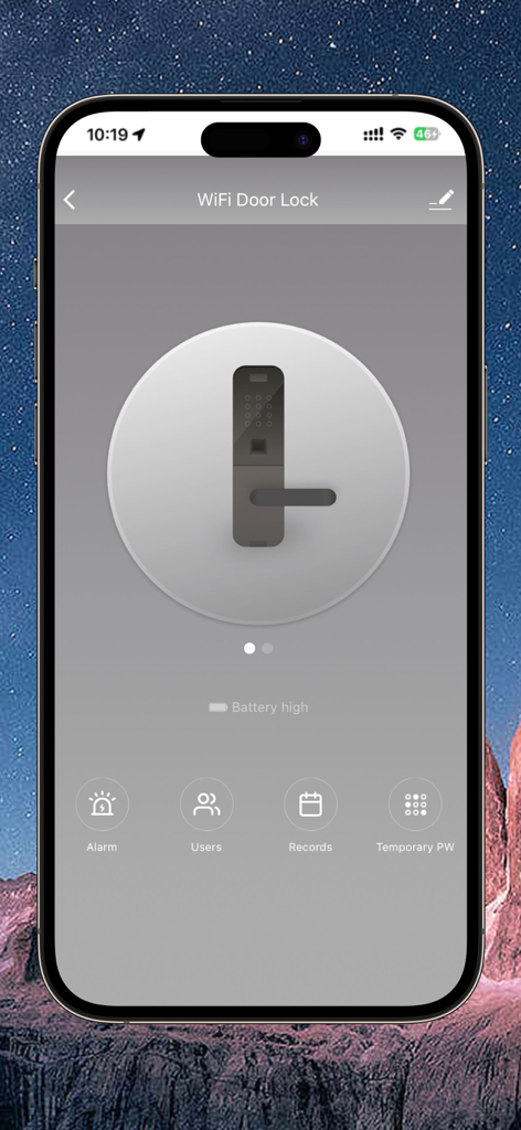 Hugolog Connect App-Oberfläche zur Verwaltung eines WLAN-Türschlosses mit Optionen für Alarme, Benutzer und temporäre Passwörter
