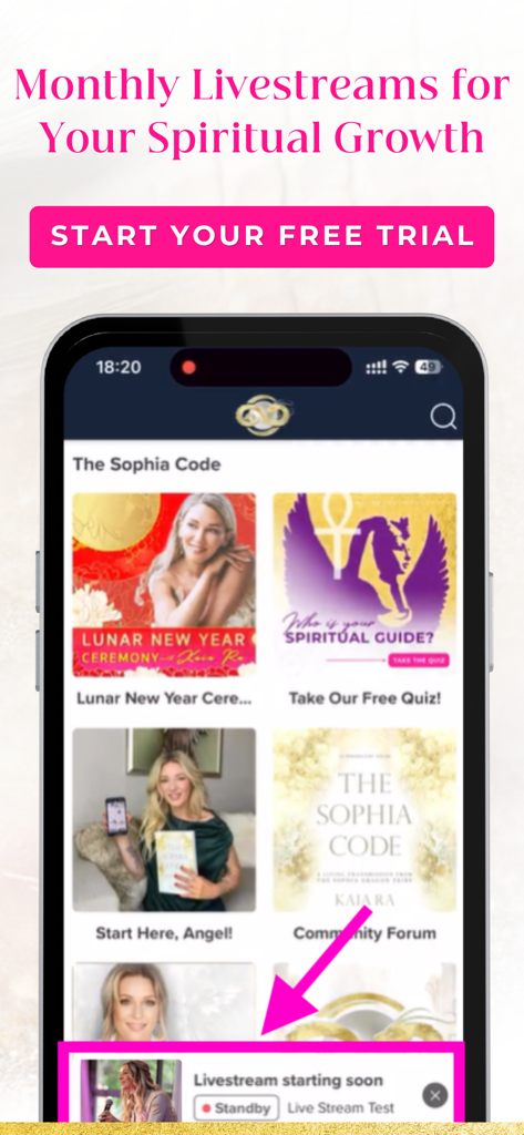 The Sophia Code - The Sophia Code app interface featuring monthly spiritual livestreams and community access.