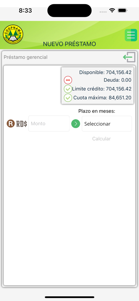 Tela da calculadora de empréstimos do aplicativo Coopnama mostrando limite de crédito e opções de parcelamento