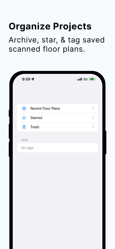最近の間取り図、スター付きアイテム、タグでプロジェクトの整理を示すFloorplansアプリのインターフェイス