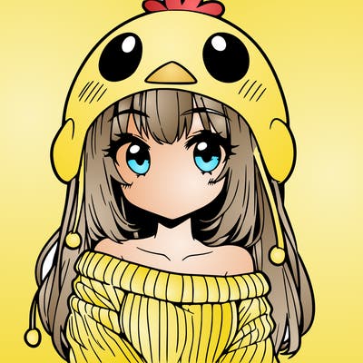anime girl with chick shaped hat with sweater with bare shoulders with bangs covering them one eye with low tail