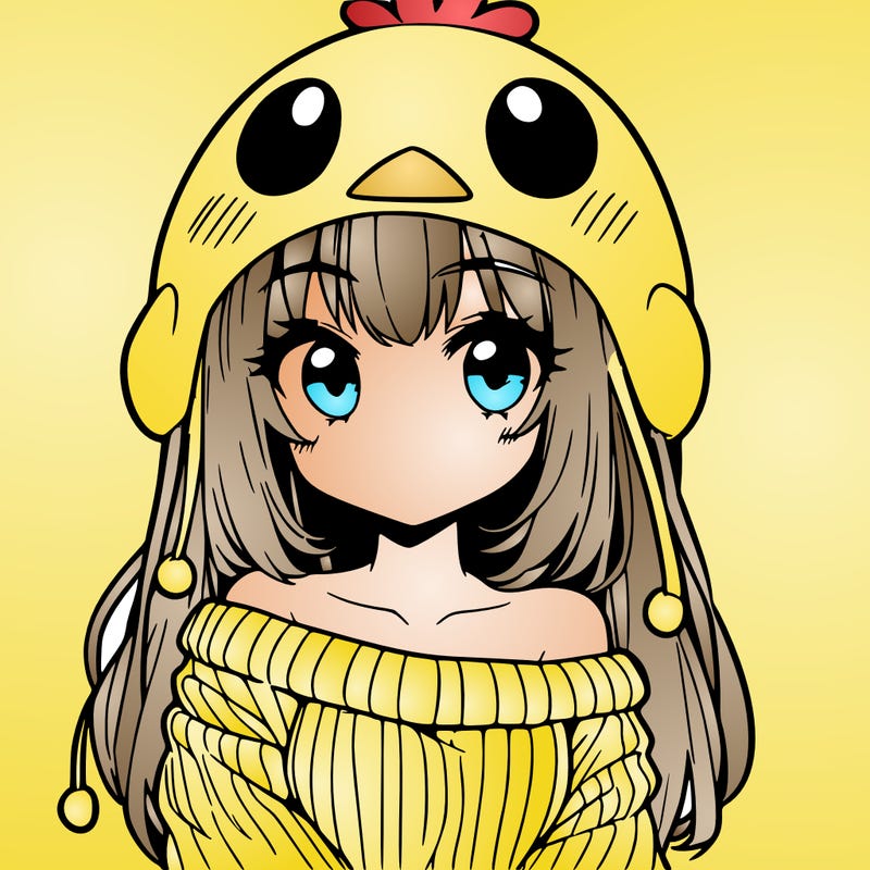 anime girl with chick shaped hat with sweater with bare shoulders with bangs covering them one eye with low tail