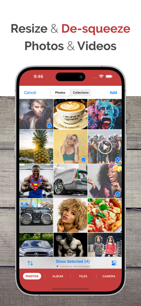 iPhone screen showing the Desqueeze app interface with a grid of selected photos and videos for batch resizing
