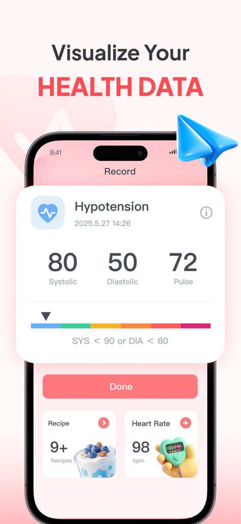 Mobile app interface showing a blood pressure record with systolic and diastolic readings and a heart rate monitor.