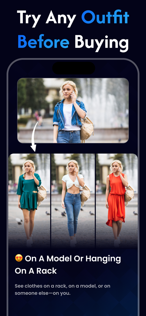 AI Clothes Changer: Cloti - AI Clothes Changer Cloti app interface showing a model trying on different virtual outfits