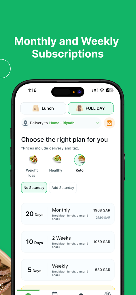 DailyMealz: Food Subscription - DailyMealz app screen showing various meal subscription plans including keto and healthy options for weekly or monthly delivery.