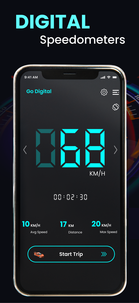 GPS Speedometer Speed Tracker - Smartphone screen displaying a digital speedometer with trip duration and distance statistics
