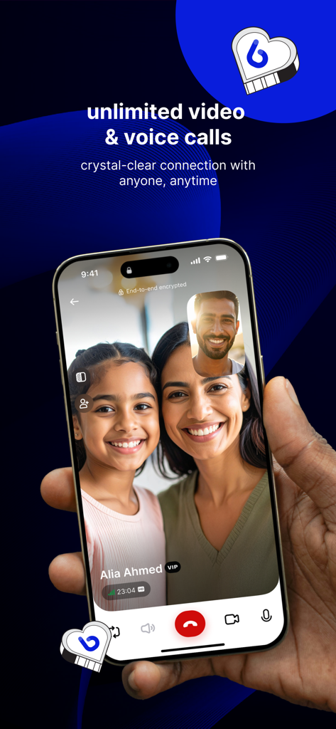 Ein Smartphone-Bildschirm, der einen kristallklaren Videoanruf in der Botim-App zwischen Familienmitgliedern zeigt