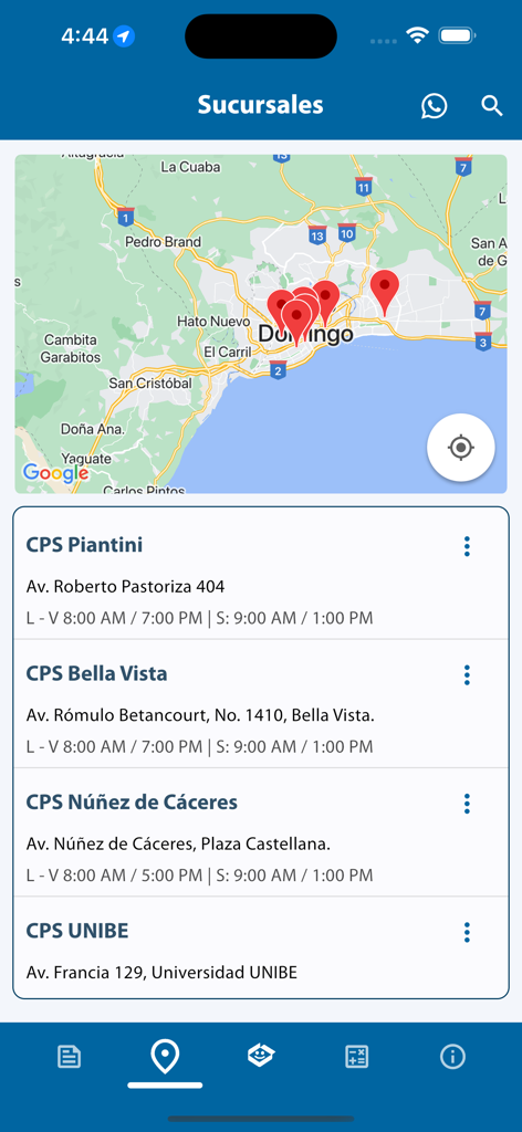 Bildschirm der CPS Courier App, der eine Karte von Filialstandorten in Santo Domingo und eine detaillierte Liste von Adressen und Öffnungszeiten zeigt