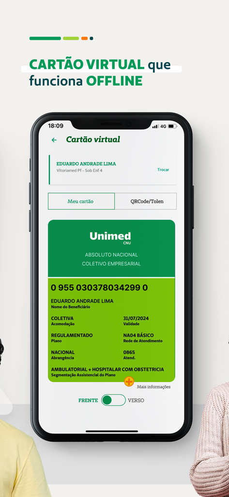 A smartphone screen displaying the Unimed CNU virtual health insurance card which works offline.