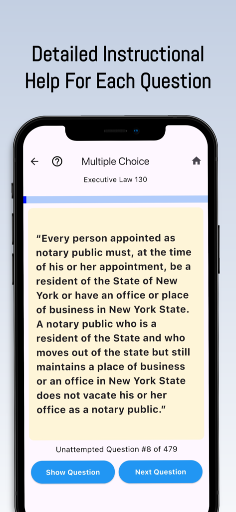 NY Notary Public Study App - Screenshot of the NY Notary Public Study App showing detailed instructional help for a multiple choice question regarding New York State law.