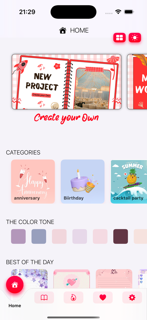 DIY Flower Language card - Home screen of the DIY Flower Language card app featuring invitation templates and design tools.