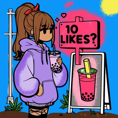 girl with oversized hoodie drinking boba and she has a high ponytail with a sign that says 10likes?