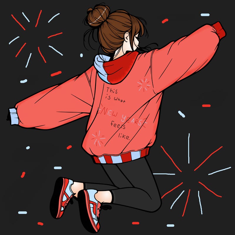 realistic girl jumping with a bun and oversized sweatshirt