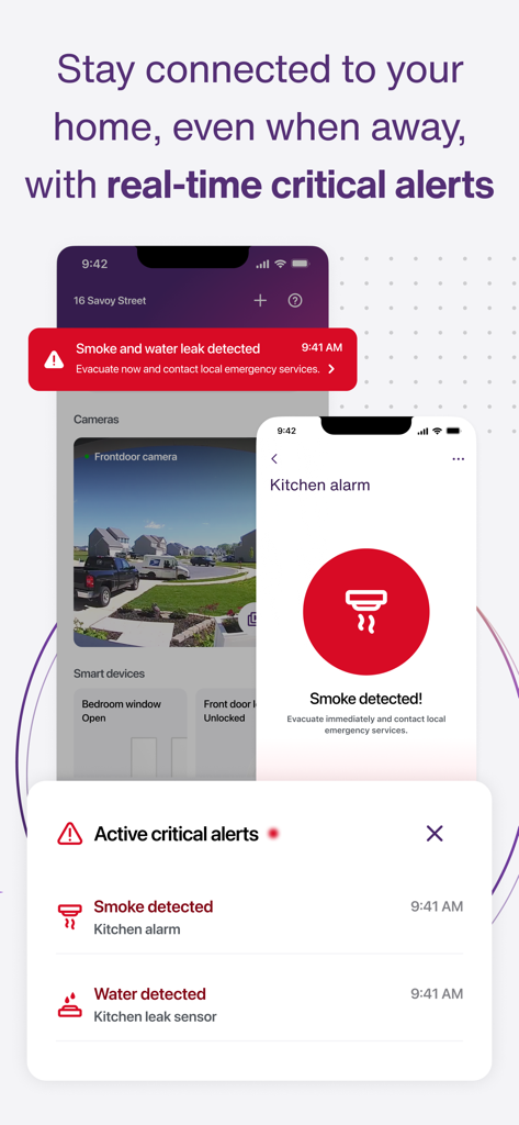 TELUS SmartHome plus app showing real-time smoke and water leak critical alerts