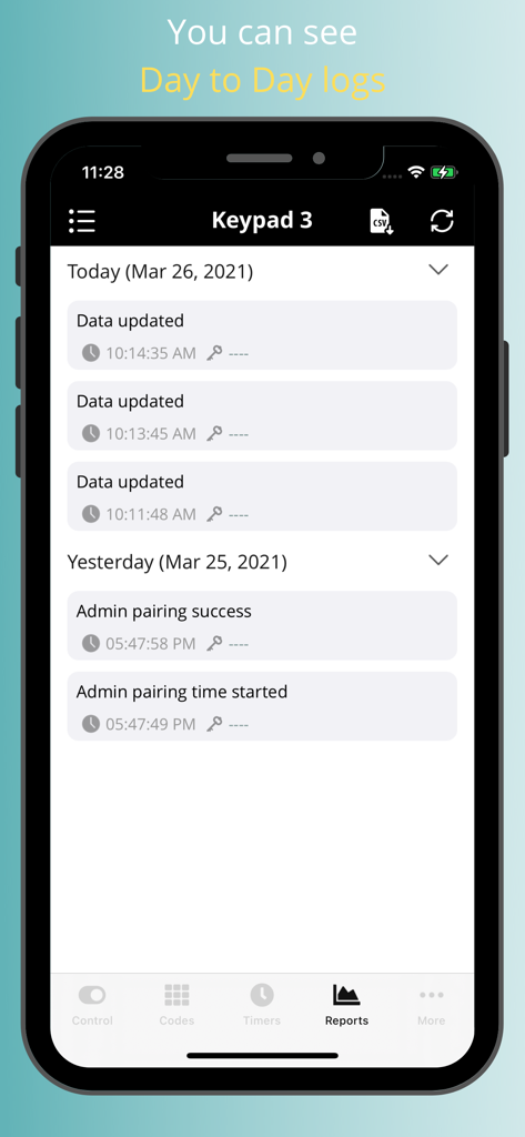 Edge Smart Keypad - Interface of the Edge Smart Keypad app showing daily reports and administrative activity logs.
