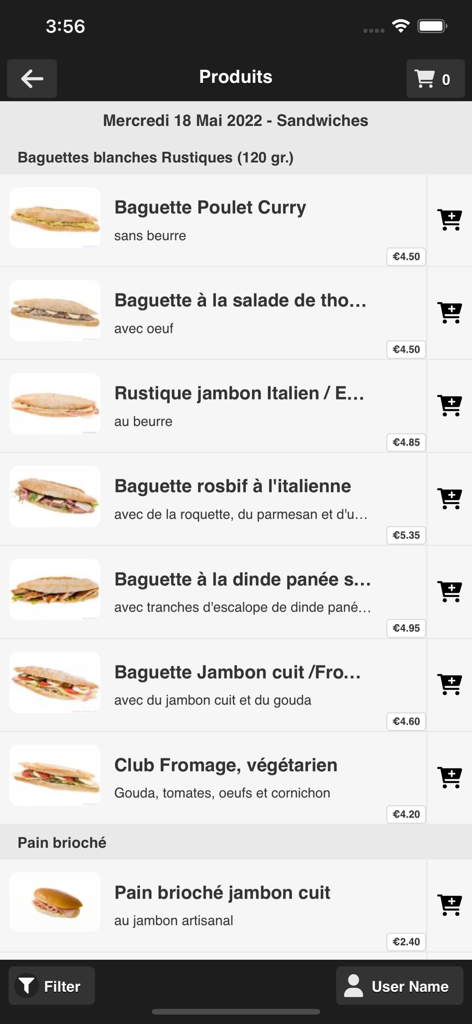 Mobile app screen showing a list of sandwiches and baguettes with prices for delivery