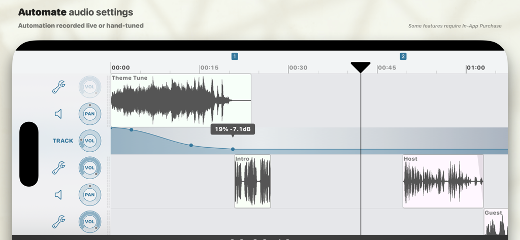 Ferrite Recording Studio - Multi-track audio editing interface showing volume automation curves for professional podcast production