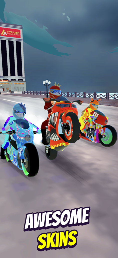 Wild Wheels: Bike Race - Pilotos de motocicletas mostrando skins personalizadas de colores en Wild Wheels Bike Race.