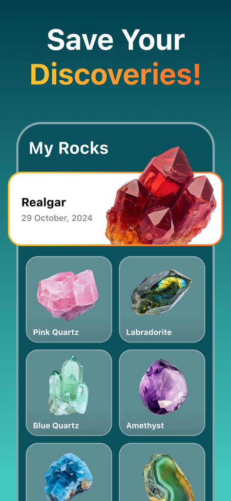 RockLens - Stone & Gemstone ID - A digital library within the RockLens app displaying a personal collection of identified stones and crystals like Amethyst and Pink Quartz.