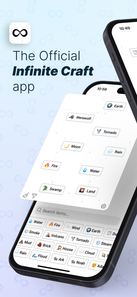 Infinite Craft by Neal - Neal의 Infinite Craft 모바일 게임 플레이 화면으로 다양한 요소 조합을 보여줍니다.
