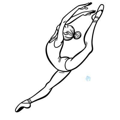 gymnast doing a leap in a leotard with a bent back leg