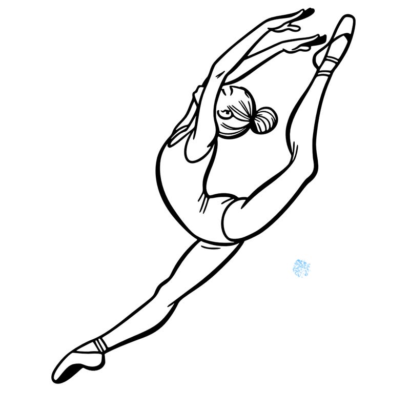 gymnast doing a leap in a leotard with a bent back leg