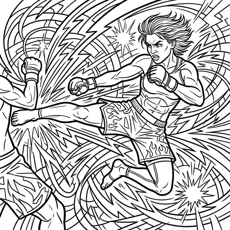 Capture the thrilling energy of a Mixed Martial Artist in mid-kick with this intense coloring page. Dive into a world of powerful strikes and dynamic motion as you bring this fierce fighter to life with color.