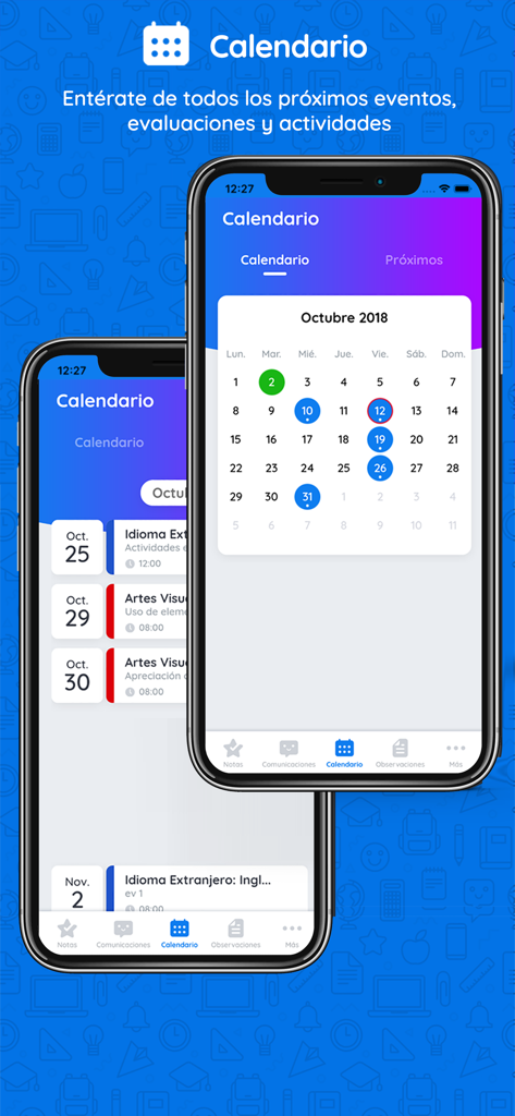 Appoderado - A screenshot of the Appoderado app showing the school events calendar and upcoming evaluations