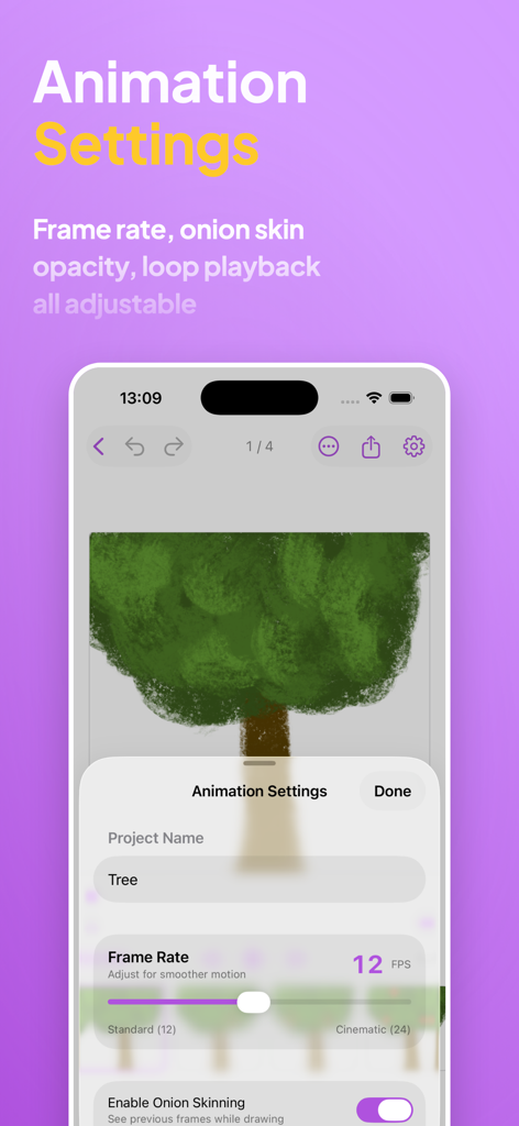 Flipbook - Animation Studio - Flipbook Animation Studioのインターフェース。フレームレートやオニオンスキンなどの調整可能なアニメーション設定を表示