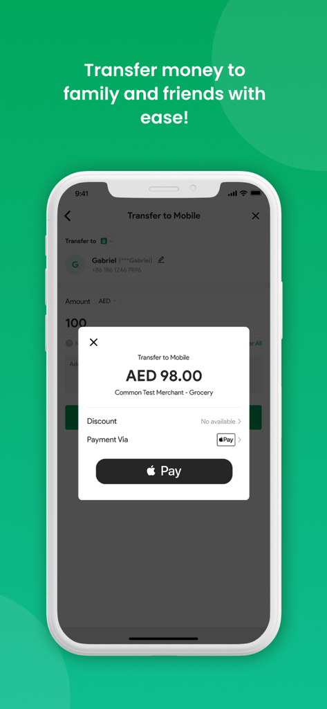 PayBy – Mobile Payment - PayBy app interface showing a mobile money transfer confirmation with Apple Pay integration