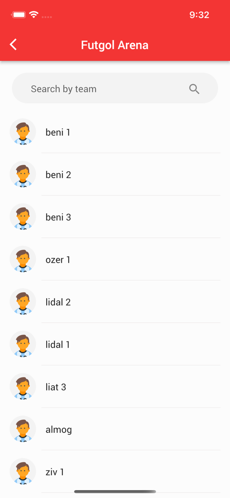 Search by team screen in the PUSHIT app for Futgol Arena showing a list of amateur players