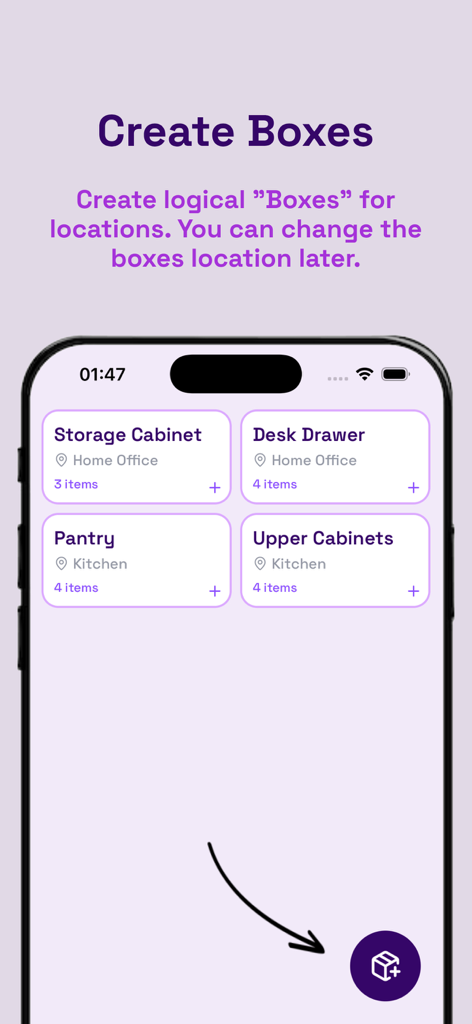 Inventory & Storage Organizer - Screen of the Inventory and Storage Organizer app showing boxes assigned to different rooms like the kitchen and home office
