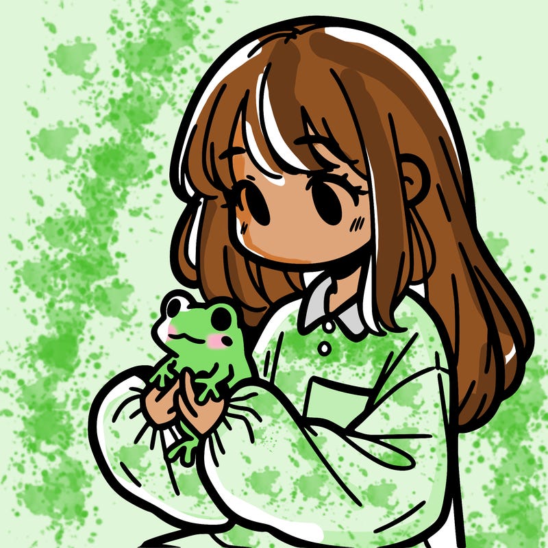 girl with long hair and a oversized shirt. and she is holding a frog